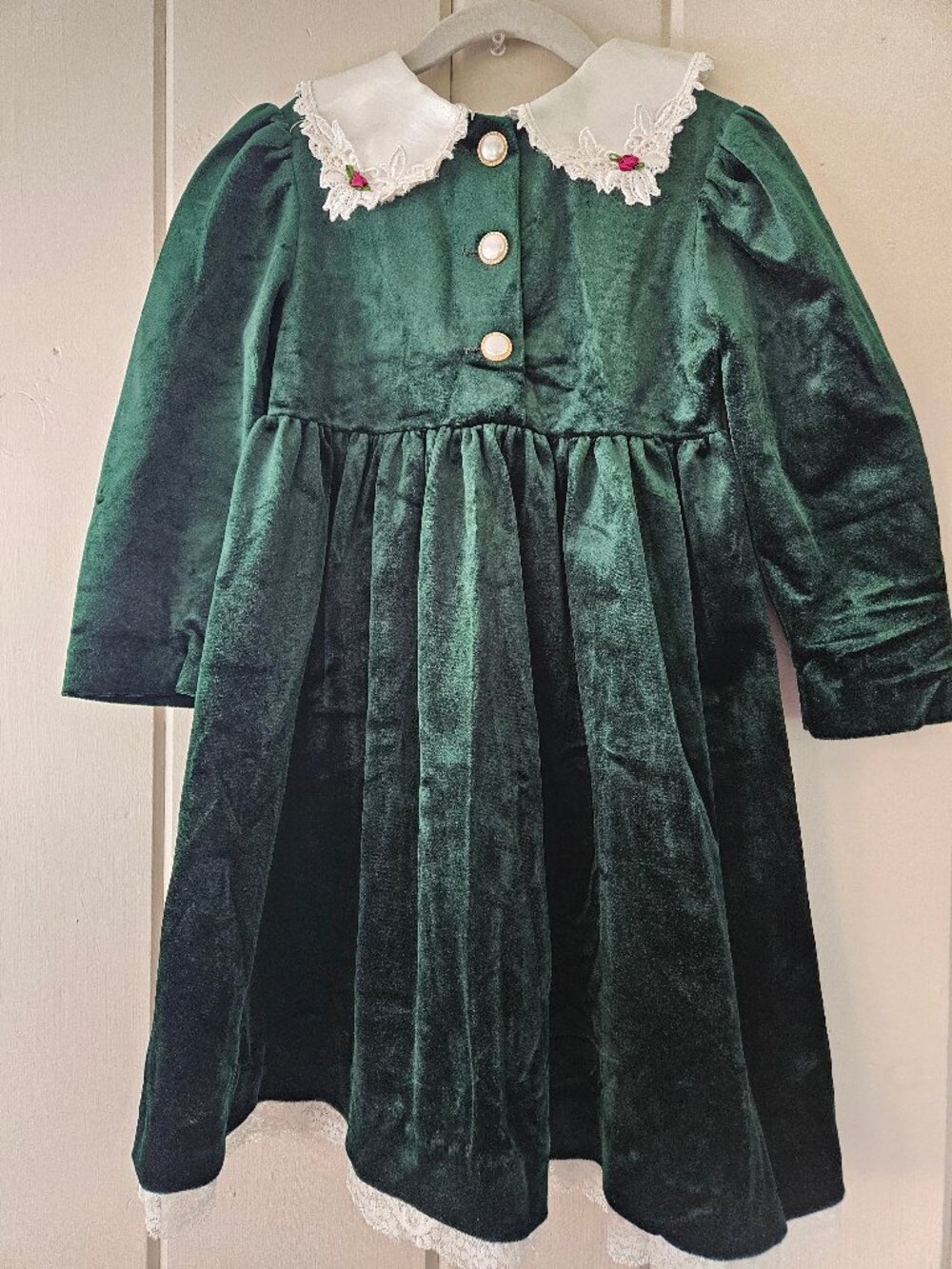 VTG Jessica Ann Green Velvet Holiday Dress Size 5 Lace Collar Christmas
